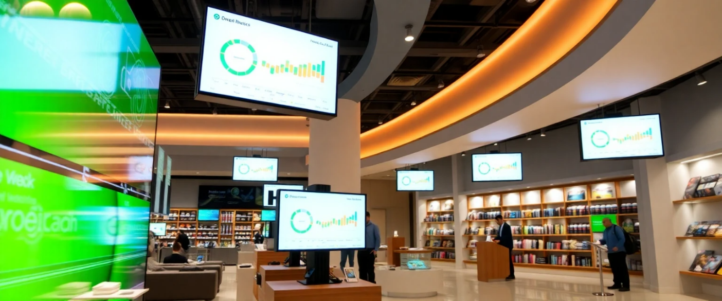 Modern retail store interior with digital displays showing real-time data and analytics